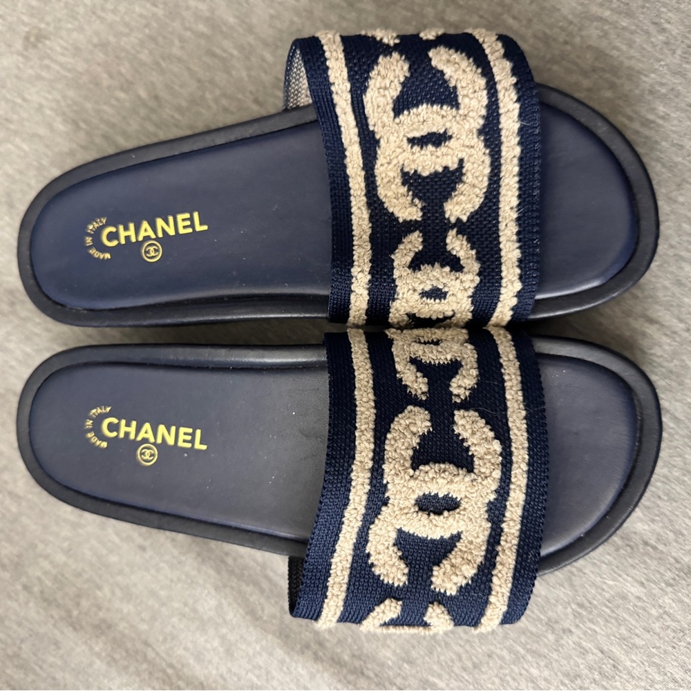 CHANEL Blue and Cream Sandals with Intricate Design